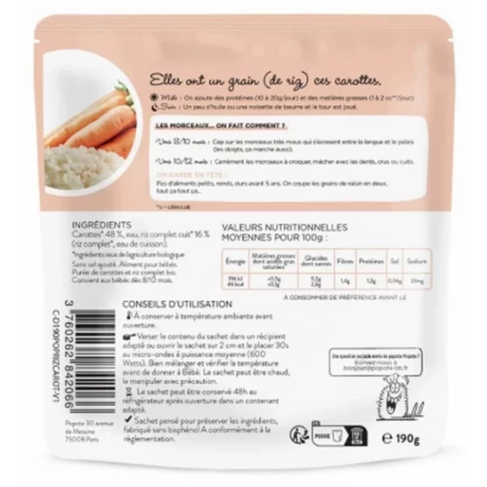 Popote Les Petits Morceaux Carottes et Riz Complet des 8/10 Mois Bio 190 g - image 2