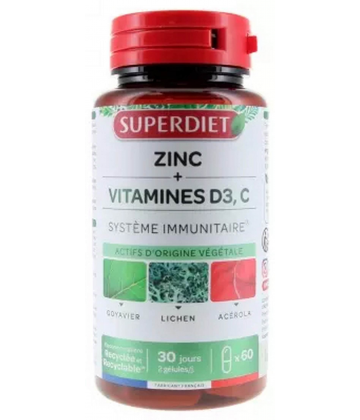Superdiet Zinc + Vitamines D3 C Gélules x 60