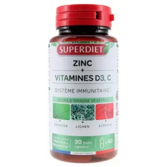 Superdiet Zinc + Vitamines D3 C Gélules x 60