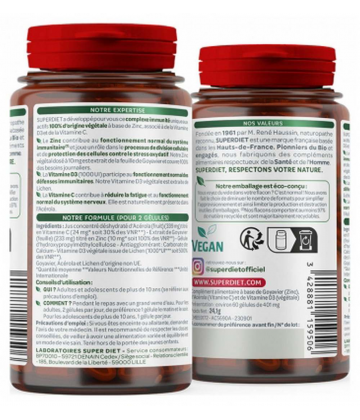 Superdiet Zinc + Vitamines D3 C Gélules x 60