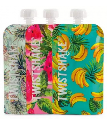Twistshake Gourde Réutilisable Motif Fruits Modele : Ananas - Pasteque - Banane 220 ml x 3