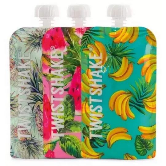 Twistshake Gourde Réutilisable Motif Fruits Modele : Ananas - Pasteque - Banane 220 ml x 3
