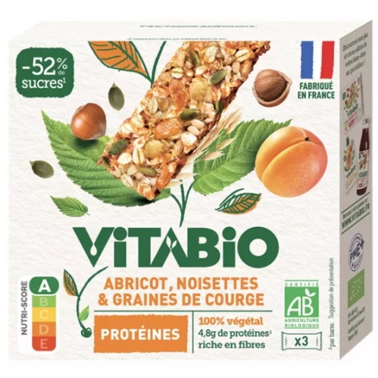 Vitabio Abricot Noisettes & Graines de Courge Protéines Bio 3 Barres
