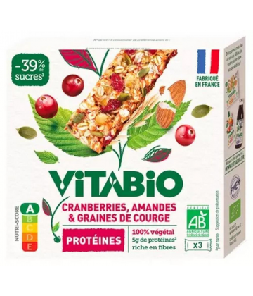 Vitabio Cranberries Amandes & Graines de Courge Protéines Bio 3 Barres