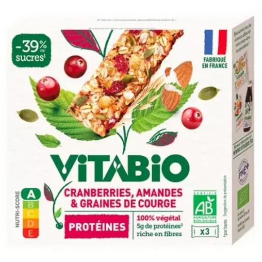 Vitabio Cranberries Amandes & Graines de Courge Protéines Bio 3 Barres