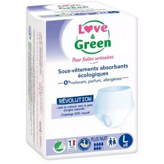 Love & Green pour Fuites Urinaires Nuit Sous-Vetements Absorbants Protections x 8