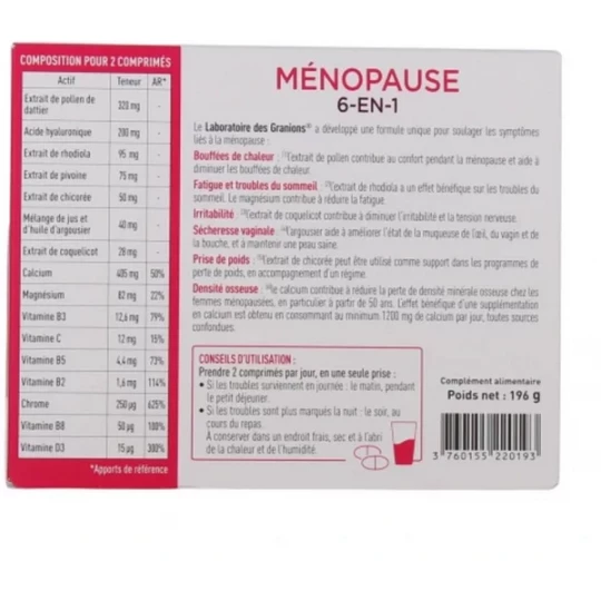 Granions Ménopause 6-en-1 Sans Hormones Comprimés x 180 2 + 1 Offert - image 2