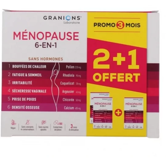 Granions Ménopause 6-en-1 Sans Hormones Comprimés x 180 2 + 1 Offert