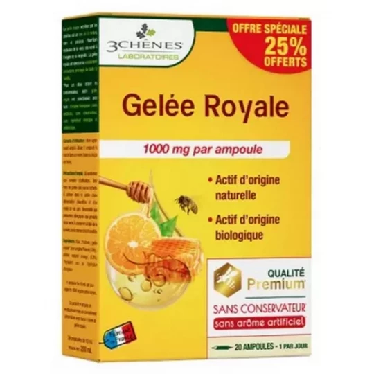 Les 3 Chênes Gelée Royale Bio 1000 mg Ampoules x 20 + 35% Offerts