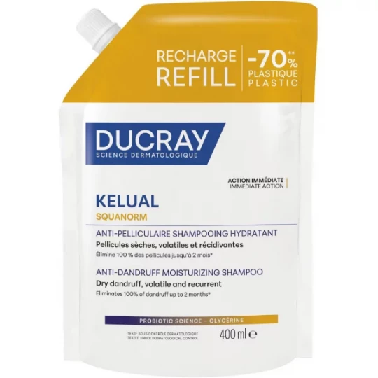 Ducray Kelual Squanorm Shampoing Traitant Hydratant Pellicules Sèches Recharge 400 ml