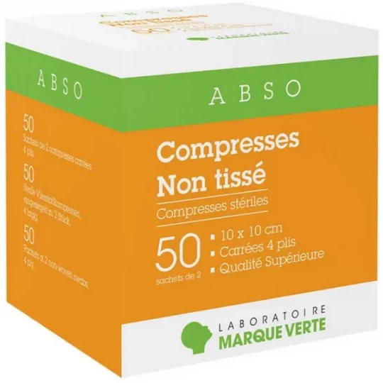 Marque Verte Abso Compresses Stériles Non Tissé 10 cm x 10 cm x 50