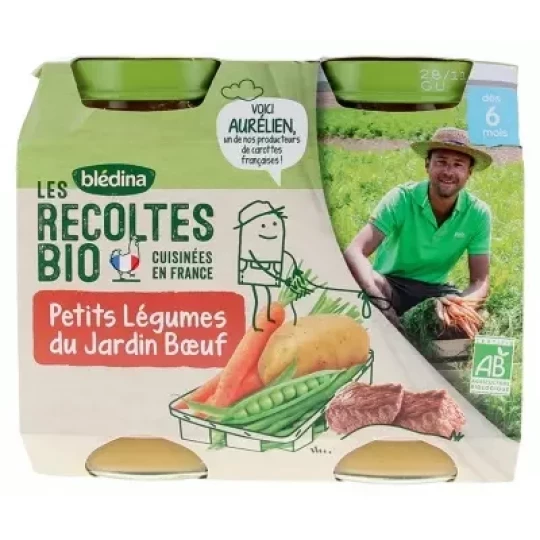 Blédina Les Récoltes Bio Petits Légumes du Jardin Boeuf dès 6 Mois Bio Pots x 2