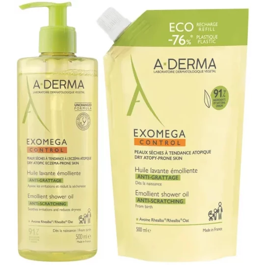 A-DERMA Exomega Control Huile Lavante Émolliente Anti-Grattage 500 ml + Recharge 500 ml