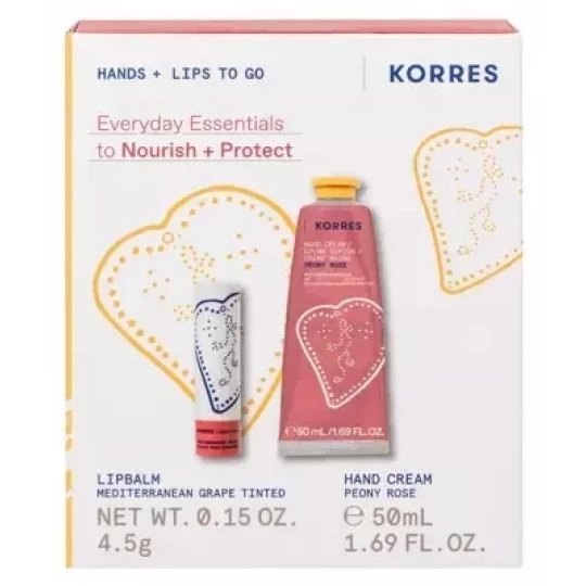 Korres Crème Mains Hydratante Peony Rose 50 ml + Korres Stick à Lèvres Teinté Raisin Méditerranéen 4,5 g