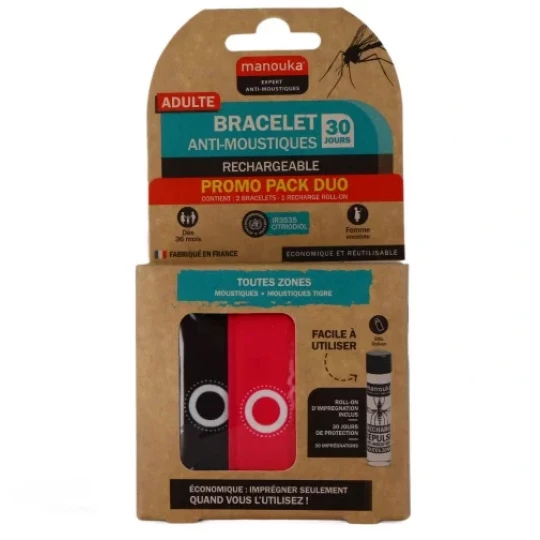 Manouka Bracelet Anti-Moustiques Noir-Rose x 2 + Recharge 6 ml - image 2