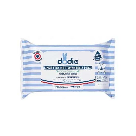 Dodie Lingettes Nettoyantes à l'Eau Compostables 50 Lingettes Grand Format