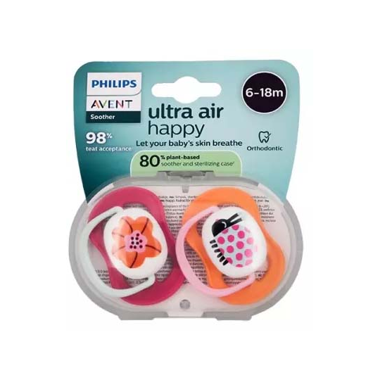 Avent Ultra Air Happy Sucettes Orthodontiques 6-18 Mois Fleur et Coccinelle x 2