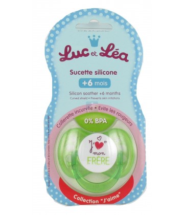 Luc et Léa Sucette Silicone + 6 mois "J'aime mon frère"